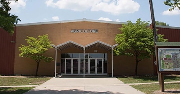 The exterior front entrance of the Agriculture Building on the Missouri State Fairgrounds