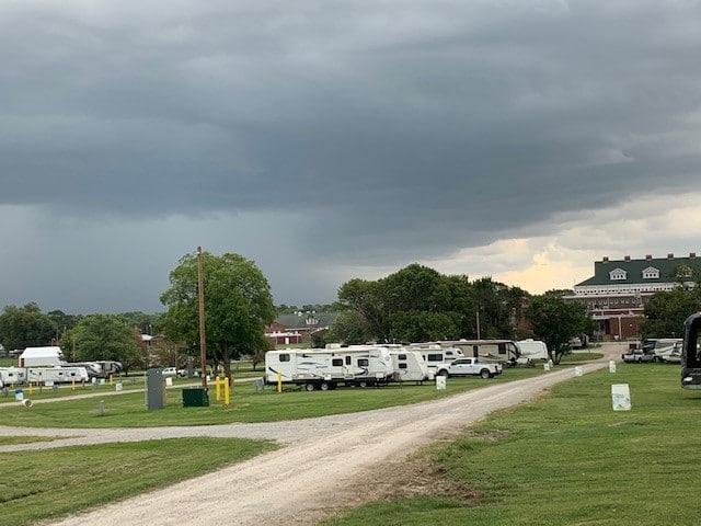 Stormy clouds over campers on the Missouri State Fairgrounds Campgrounds