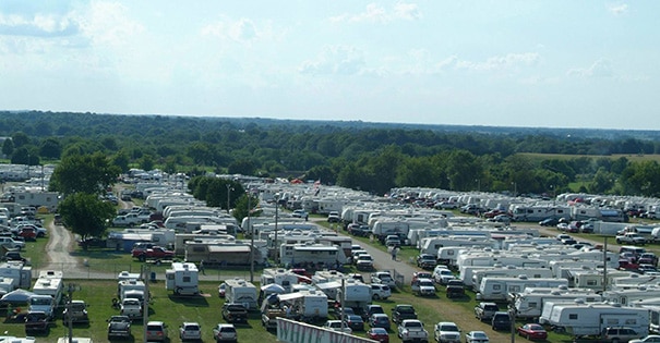 An aerial view of a lot of campers on the Missouri State Fairgrounds Campground