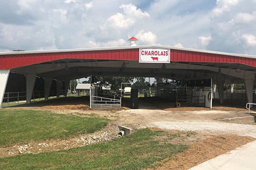 The exterior of the Charolois cattle barns