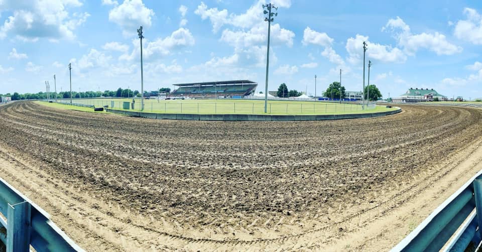 A panoramic view of the dirt track at the Speedway