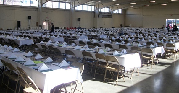 Rectangle tables and folding chairs set up for a banquet in the Agriculture Building