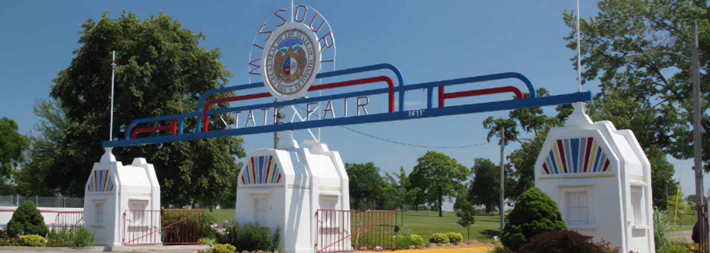 The main gate of the Missouri State Fairgrounds on a sunny day