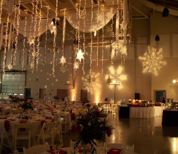 Hanging lights and snowflakes being projected onto the walls of the Assembly Hall