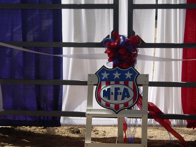 The MFA logo on a white post with red and blue ribbon behind it