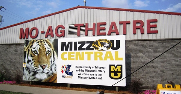 Mo Ag Theatre exterior with the Mizzou Central sign in front
