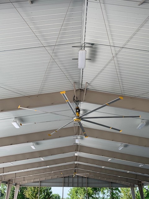A large industrial overhead fan in the Nucor Director's Pavilion