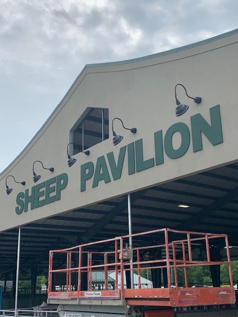 A close view of the words Sheep Pavilion on the exterior of the facility