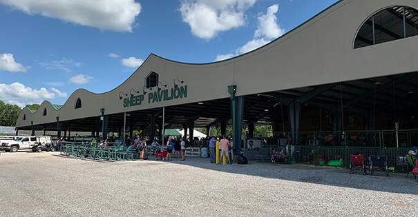 A wide angle view of the front of the Sheep Pavilion